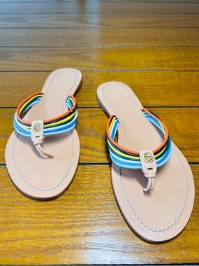 Tory Burch Sienna Multicolored Strappy Thong Sandals, vachetta leather, size 9
